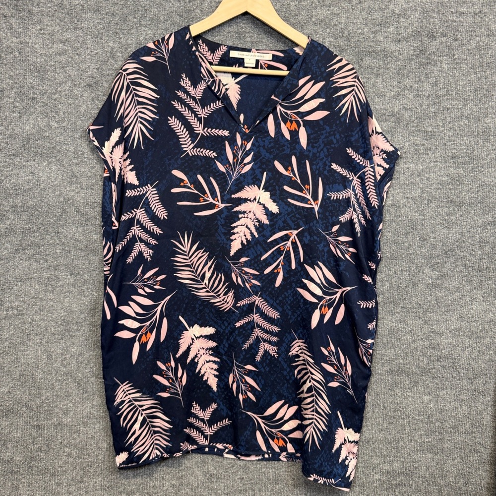 Diane Von Furstenberg Petites Mini Dress Navy Silk Fern Palm Leaf Cap Sleeves